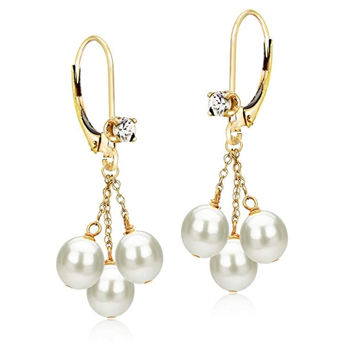 14k Yellow Gold 3-rows 5-5.5mm White Freshwater Cultured Pearl .10tcw CZ Lever-back Earrings