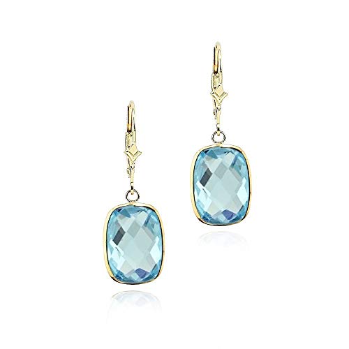 14K Yellow Gold Handmade Gemstone Earrings With Dangling Cushion Shape Blue Topaz