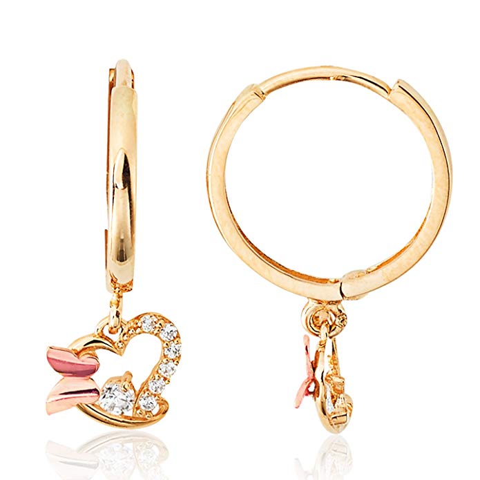 Cute Butterfly and Heart With CZ Accents Dangling Earrings in 14K Rose and Yellow Gold