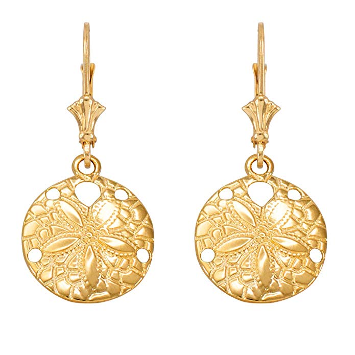 14k Yellow Gold Sea Star Sand Dollar Leverback Earrings