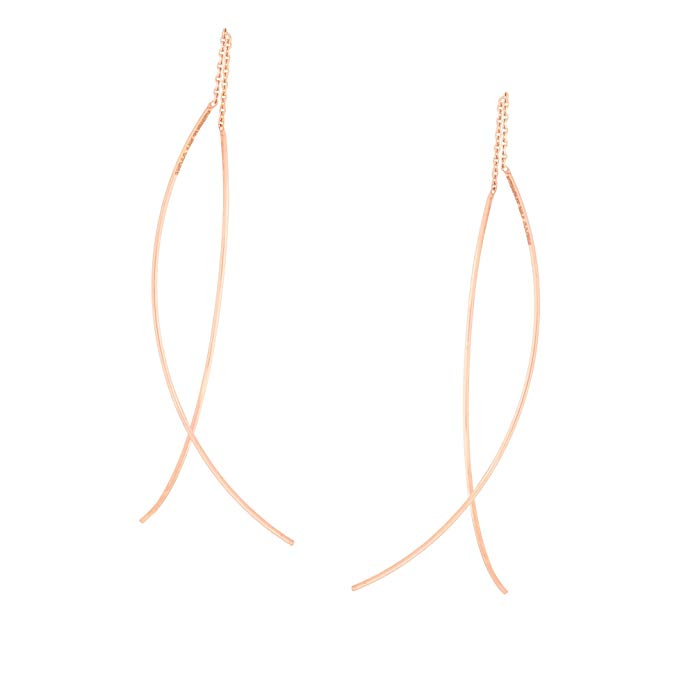 Front Back Curved Threader Chain and Wire Crossing Earrings 14k Rose Gold