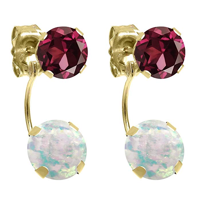 2.58 Ct Round Cabochon White Simulated Opal Red Rhodolite Garnet 14K Yellow Gold Earrings