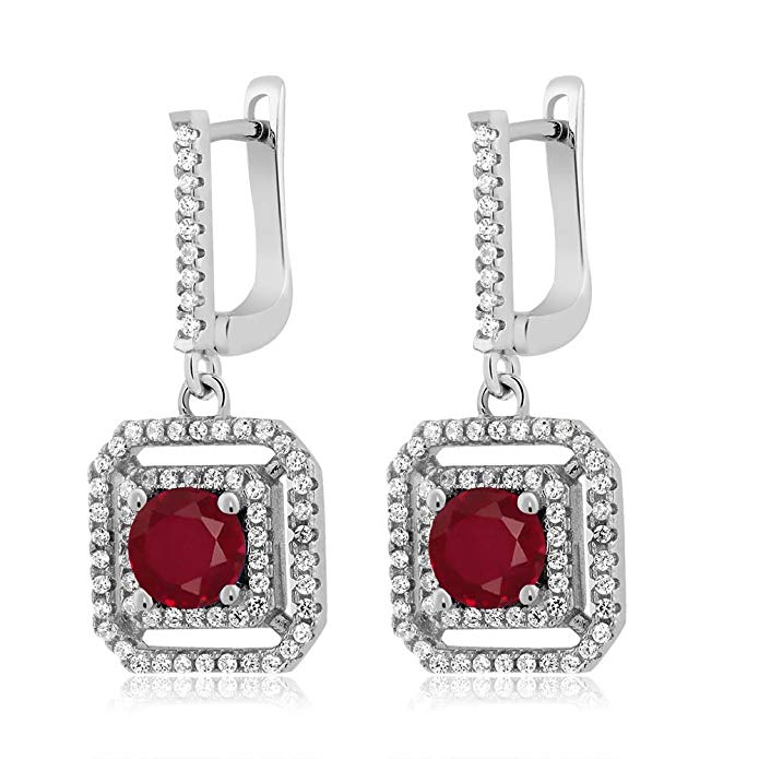 3.61 Ct Round Red Ruby 925 Sterling Silver Dangling Earrings