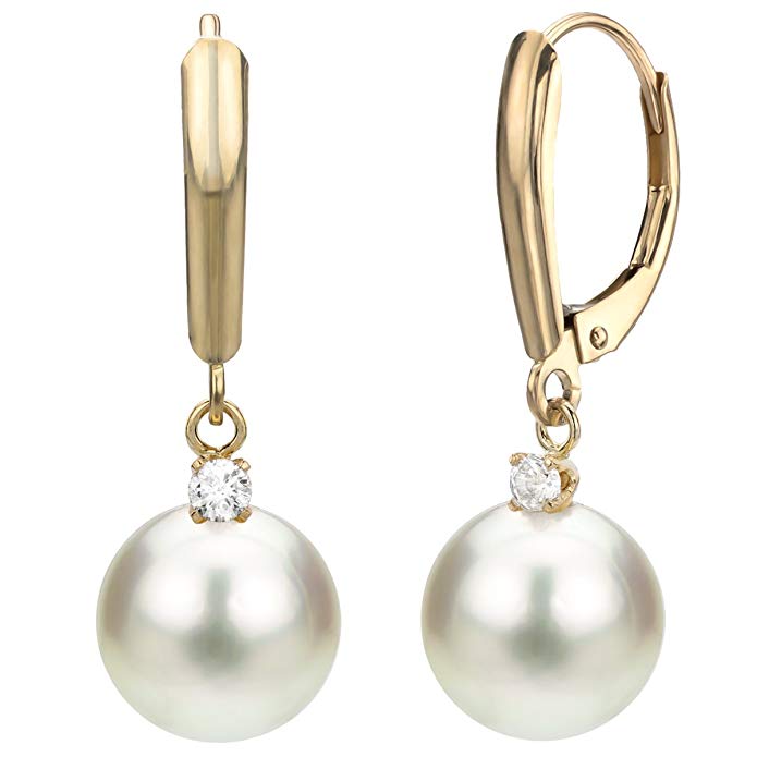 White Freshwater Cultured Pearl and 1/10cttw Diamond Lever-back Earrings in 14k Gold