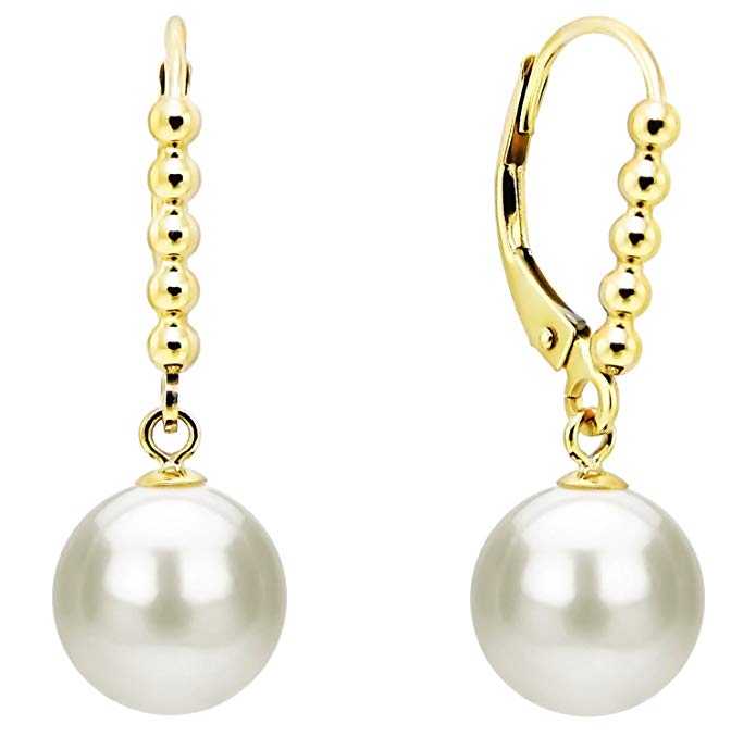 14k Yellow Gold White Freshwater Cultured High Luster Pearl Beaded Design Lever-back Earrings