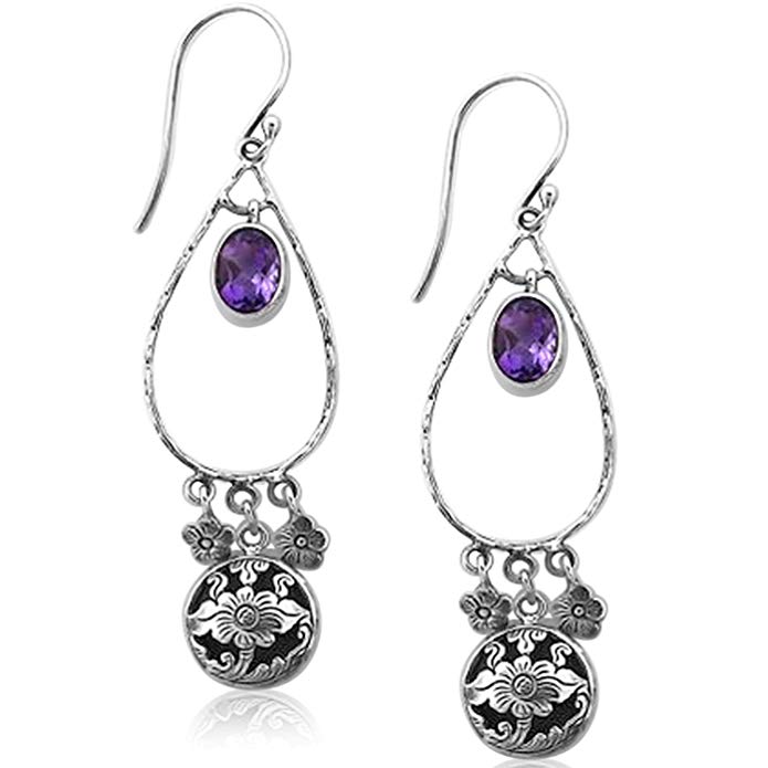 Sterling Silver Genuine Amethyst Open Pear Shaped Flower Filigree Dangling Earring