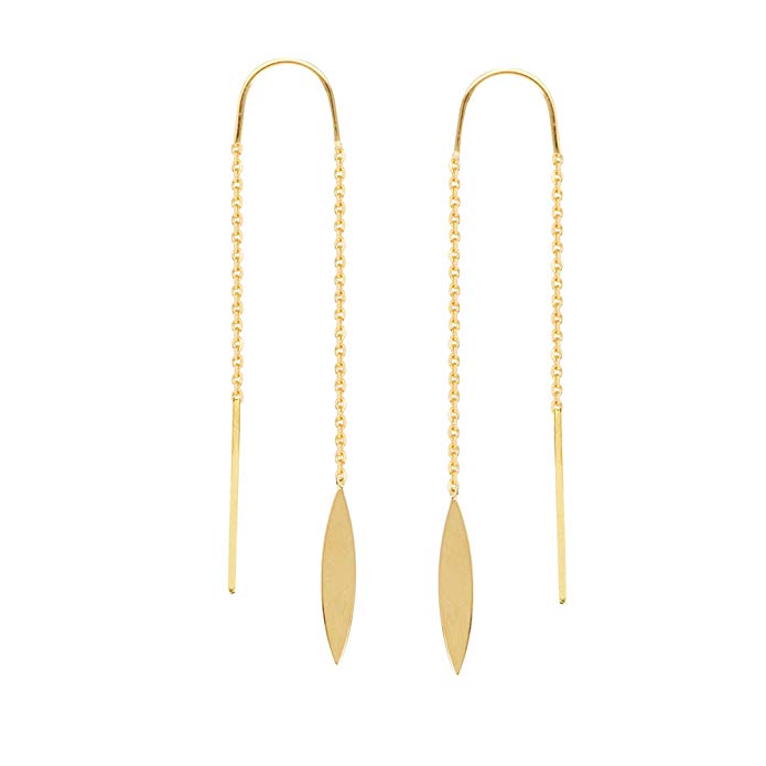 Threader Earrings 14K Yellow Gold Polished Marquise Leaf and Bar with Box Chain