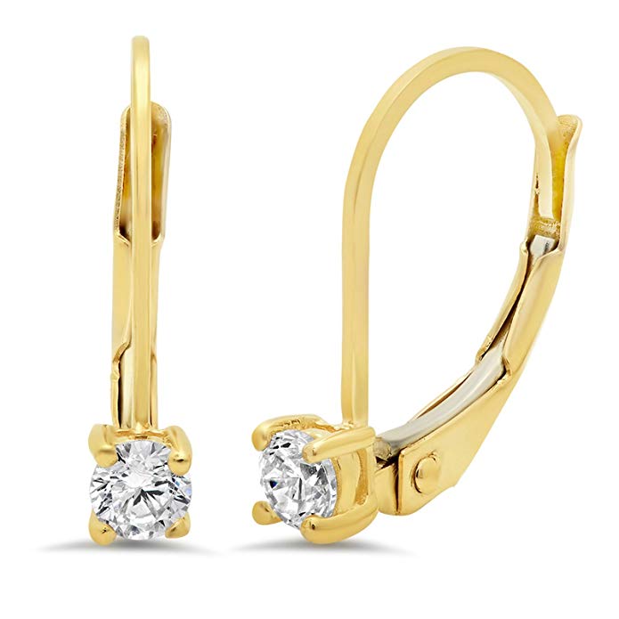 0.50 CT BRILLIANT ROUND CUT Simulated Diamond CZ Solitaire DROP DANGLE LEVERBACK EARRINGS 14K Yellow GOLD