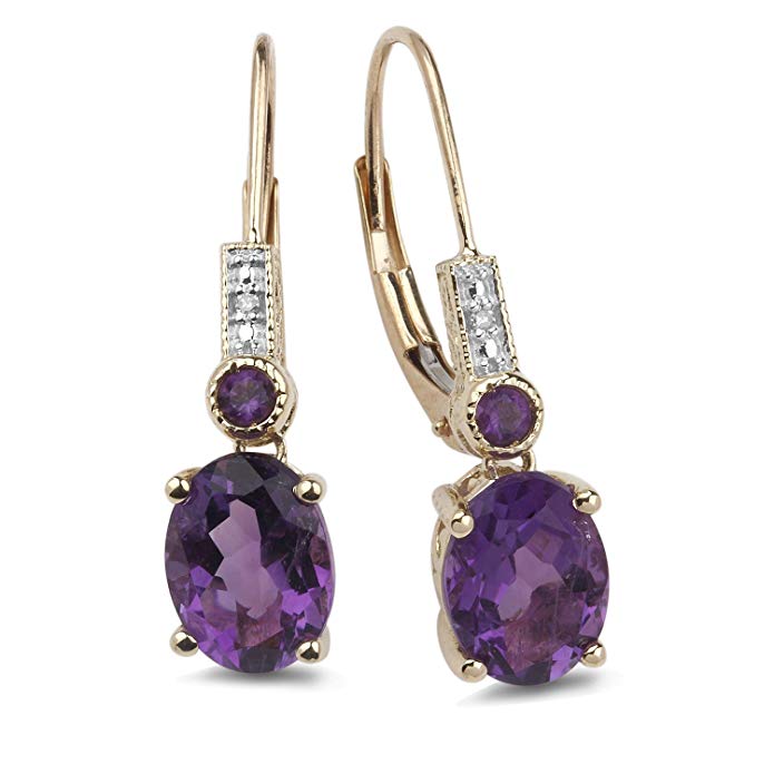 Amethyst Earrings Diamond Accent in 10k Yellow Gold and White Rhodium Plated Accents