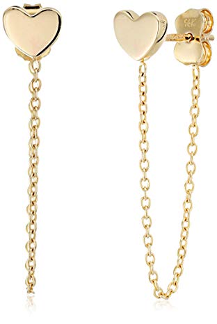 14k Yellow Gold Heart Chain Drop Dangle Earrings