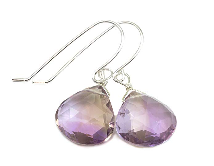 Sterling Silver Ametrine Earrings Heart Shaped Faceted Briolette Teardrops Purple Yellow