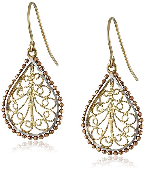 14k Gold Tri-Color Filigree Diamond Cut Drop Earrings