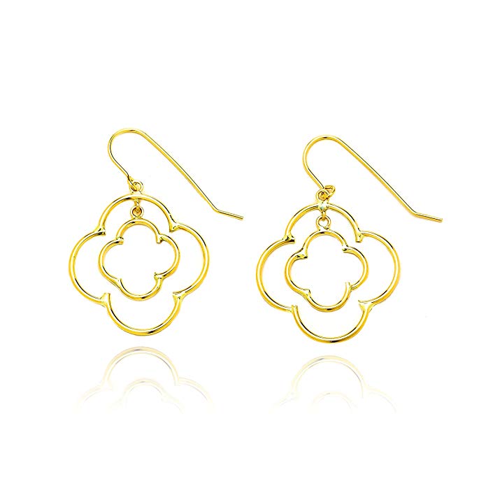 14k Yellow Gold Double Quatrefoil Drop Earring with Fish Hook in Gift Box for Women and Teen Girls