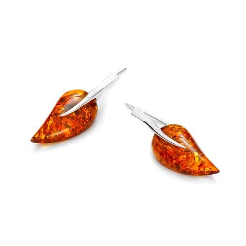 Sterling silver and leaf-shaped, cognac amber earrings