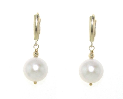 14k Yellow Gold 13-13.5mm White Freshwater Cultured Pearl Lever-back Earrings