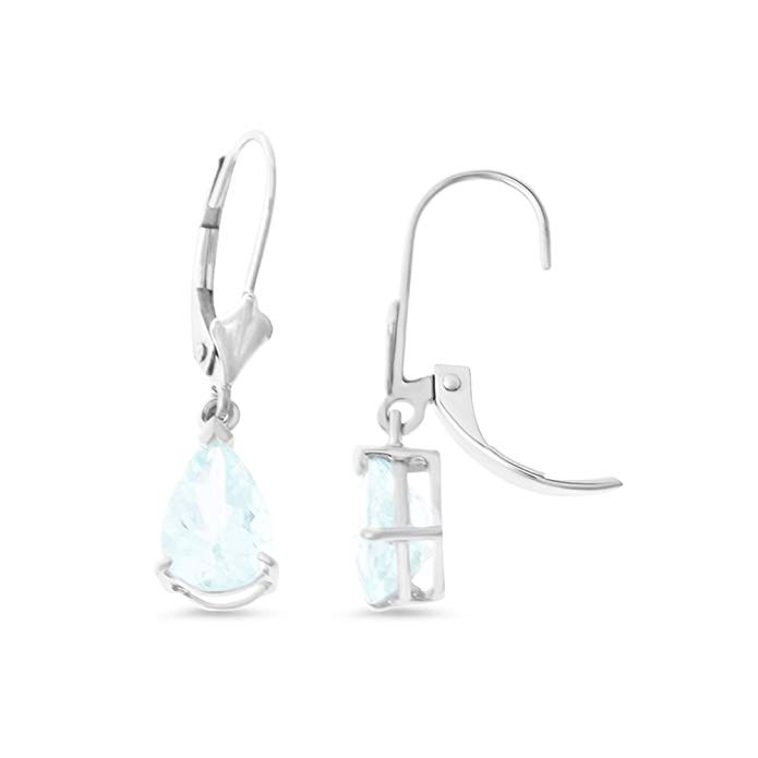 2.09CTW 14K White Gold Genuine Natural Aquamarine Pear Shaped 6 x 8 mm. Leverback Dangling Earrings