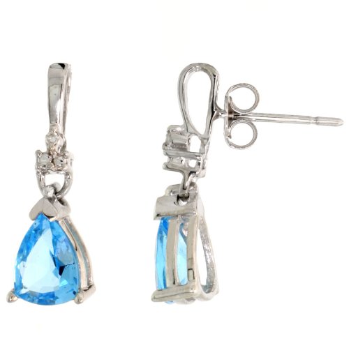 10k White Gold Pear-shaped Dangle Earrings, w/ Brilliant Cut Diamonds & Pear Cut (7x5mm) Blue Topaz Stones, 3/4 in. (19mm) tall