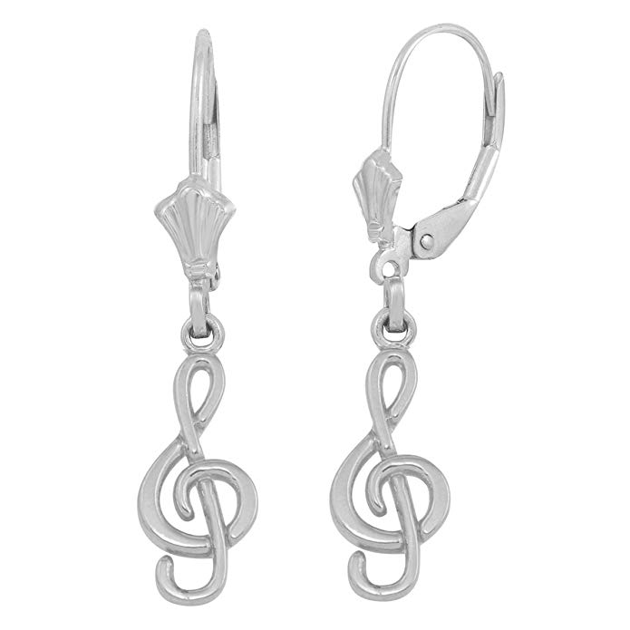 Fine 14k White Gold Treble G Clef Music Note Dangle Earrings