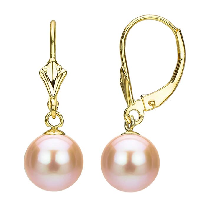 Cultured Freshwater Pearl Earrings Dangle 14K Yellow Gold Leverback Jewelry for Women 9-9.5mm