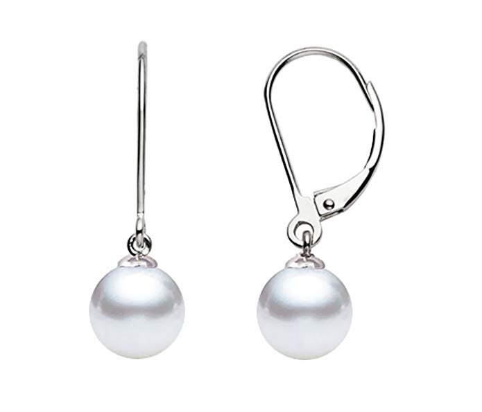 14k White Gold AAA Quality Japanese Akoya Cultured Pearl Dangle Earrings