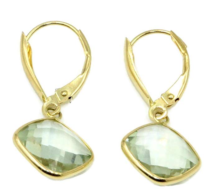 Green Amethyst Earrings 14K Yellow Gold with Lever Backs 2.3 Grams