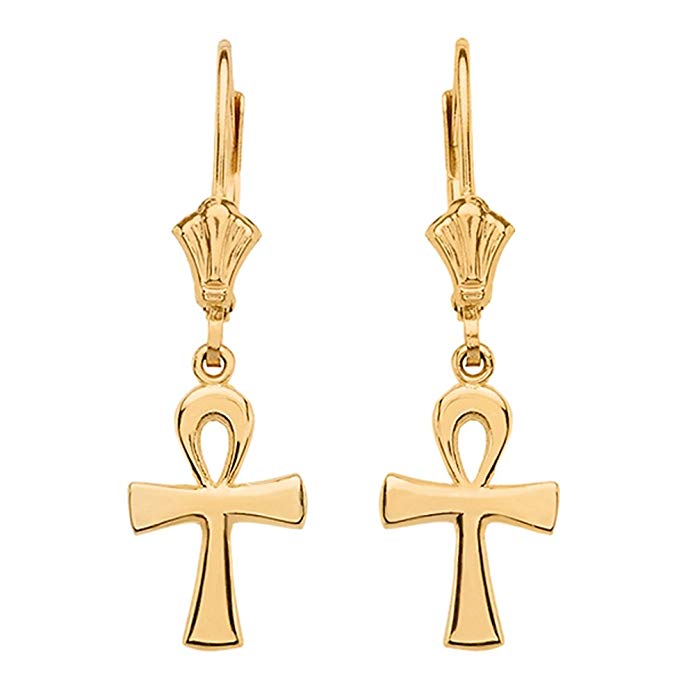 Egyptian Ankh Cross Leverback Earrings in Polished 14k Gold