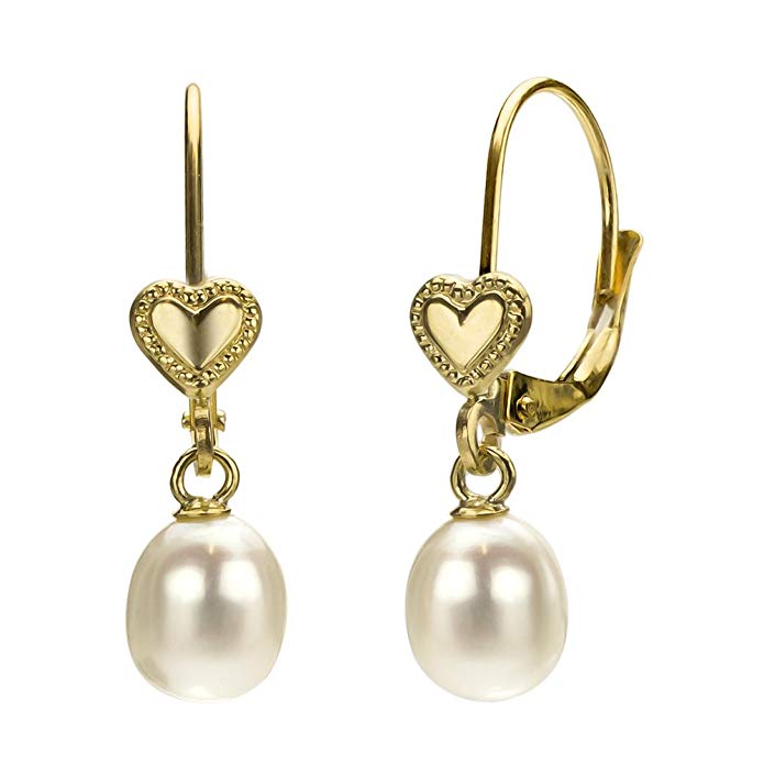 14k Yellow Gold 6-6.5mm Long Shape White Freshwater Cultured Pearl Heart Design Lever-back Earrings