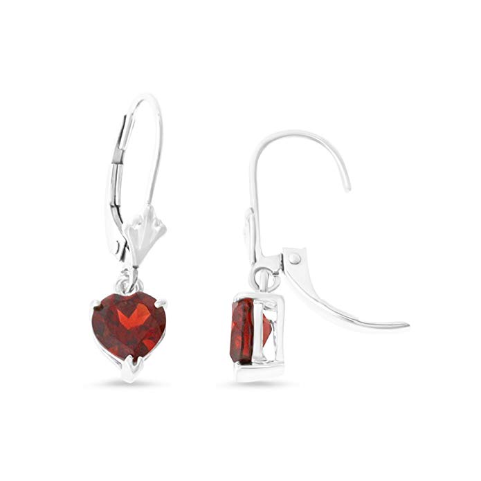 1.97CTW 14K White Gold Genuine Natural Garnet Heart Shaped 6 mm. Leverback Dangling Earrings