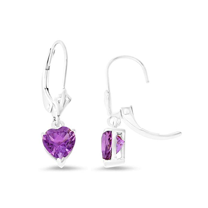 1.51CTW 14K White Gold Genuine Natural Amethyst Heart Shaped 6 mm. Leverback Dangling Earrings