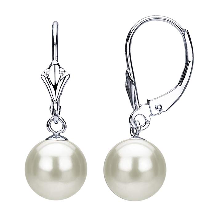 14K White Gold White Freshwater Cultured Pearl Dangle Earrings Design Lever-back