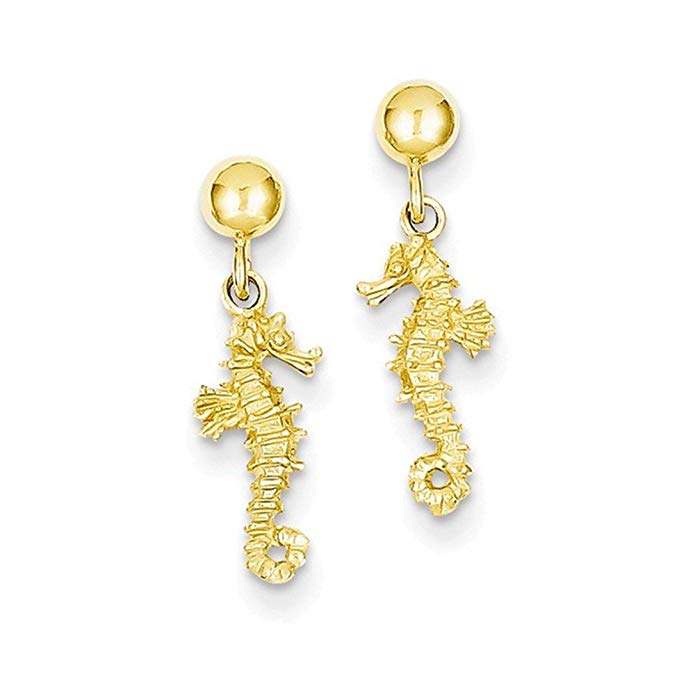 14k 3-D Mini Seahorse Dangle Post Earrings