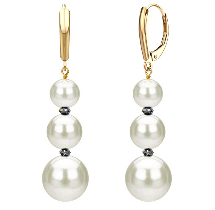 14k Yellow Gold Freshwater Cultured White Pearl and 0.9cttw Black Diamond Lever-back Earrings