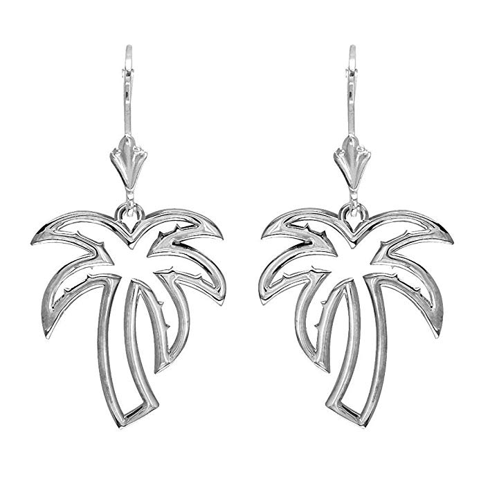 Open Palm Tree Leverback Earrings in Sterling Silver