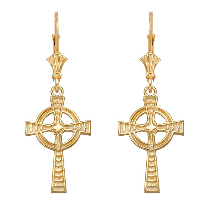 Celtic Cross Leverback Dangle Earrings 14k Yellow Gold