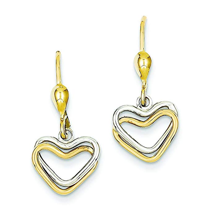 14K Two Tone Gold Heart Lever Back Dangle Earrings