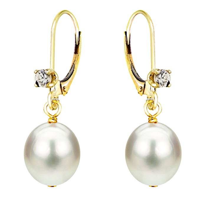 14K Yellow Gold Dangle Leverback White Freshwater Cultured Pearl Earrings Diamond 1/10 CTTW 8-8.5mm