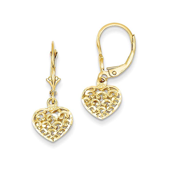 14K 3-D Diamond-cut Mini Puffed Heart Leverback Earrings, 14 kt Yellow Gold