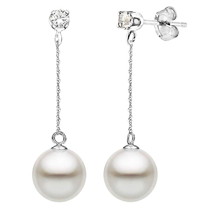 14K Gold 1/10cttw Diamond White Freshwater Cultured Pearl Stud Dangle Earrings