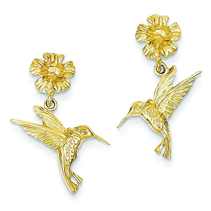 14K Gold Hummingbird Flower Dangle Earrings Jewelry