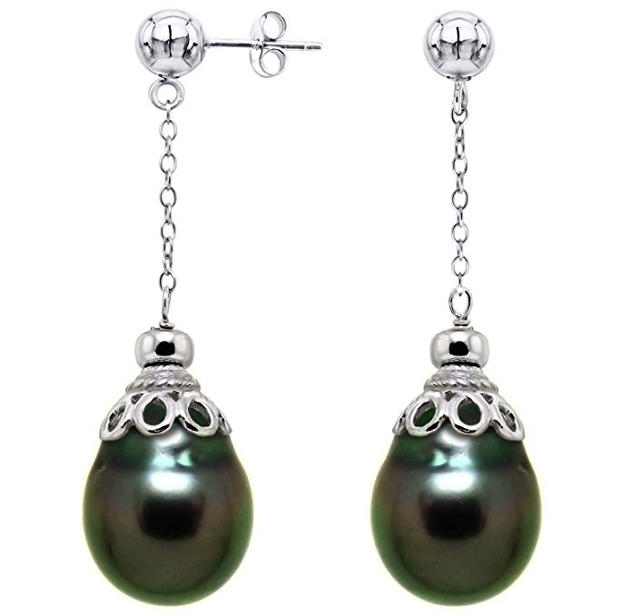 Sterling Silver 10-10.5mm Black Off Shape Tahitian Cultured Pearl Cup Design Stud Dangle Earrings