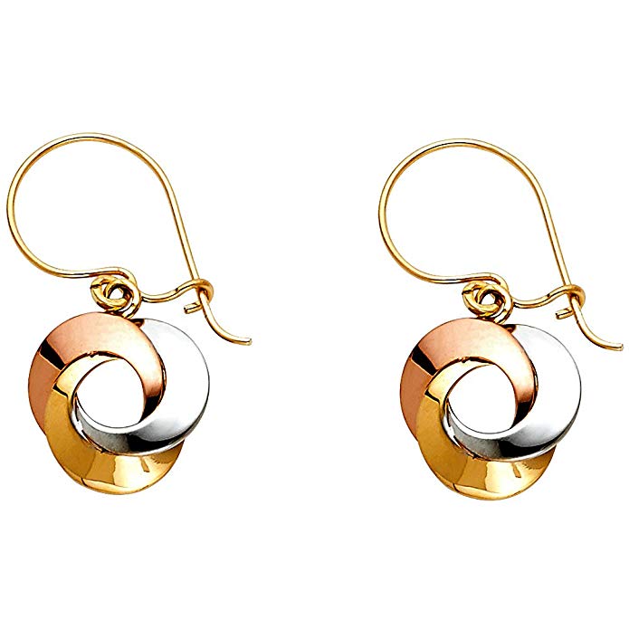 Ioka - 14K Tri Color Gold Love Circle Hanging Shepherds Hook Earrings