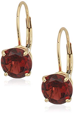 10k Yellow Gold Red Garnet Round Lever Dangle Earrings