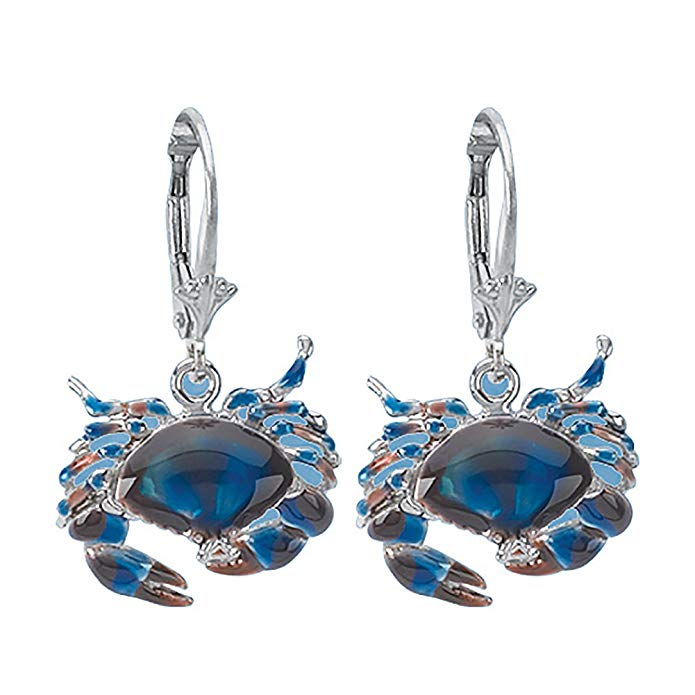 925 Sterling Silver Stone Crab Earrings, Leverback, Blue Enamel