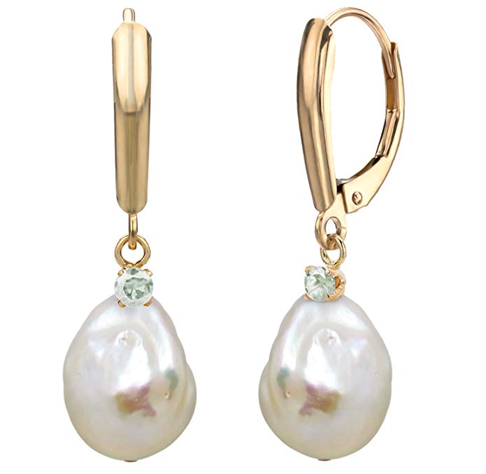 14k Gold 1/10cttw diamond 12-13mm White Off-shape Freshwater Cultured Pearl Lever-back Earrings