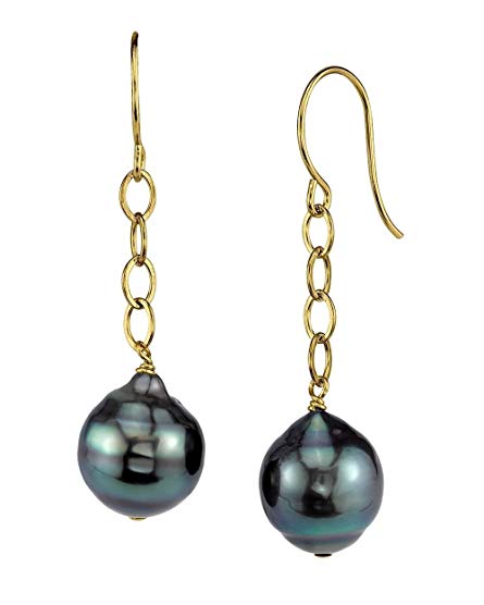 THE PEARL SOURCE 14K Gold Round Genuine Green Tahitian South Sea Cultured Pearl Dangling Tincup Earrings Set for Women