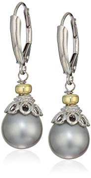 Sterling Silver 10-10.5mm Freshwater Cultured Pearl Cup Design Lever-Back Dangle Earrings