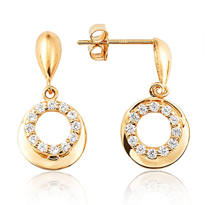 Paved CZ Open Circle Dangling Earrings in 14K Yellow Gold