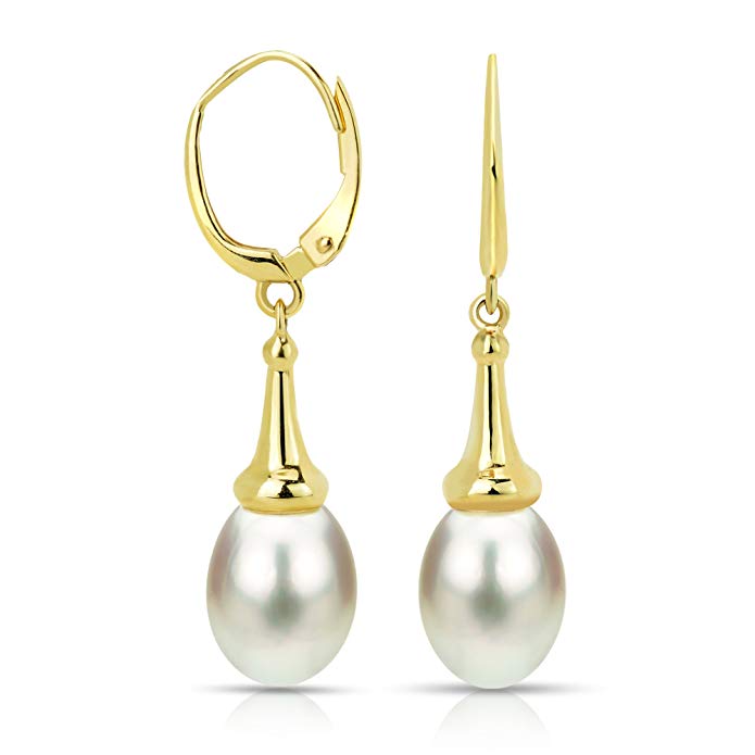 14k Yellow Gold 8-8.5mm Freshwater Cultured Pearl Trumpet Cup Lever-back Earrings