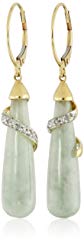 10k Yellow Gold Genuine Green Jade and Diamond Leverback Drop Earrings