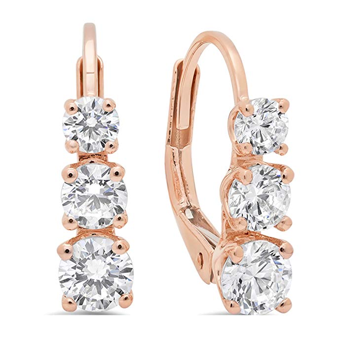 2.5 CT 3 Stone ROUND CUT Simulated Diamond CZ Earrings 14K Rose Gold Past Present Future Leverback